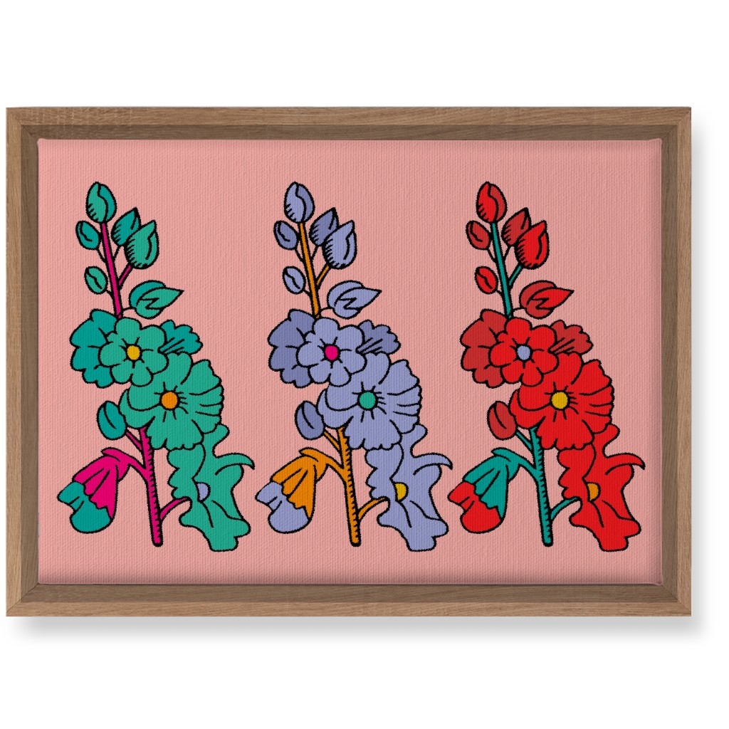 Row of Colorful Hollyhocks - Multi on Pink Wall Art, Natural, Single piece, Canvas, 10x14, Multicolor