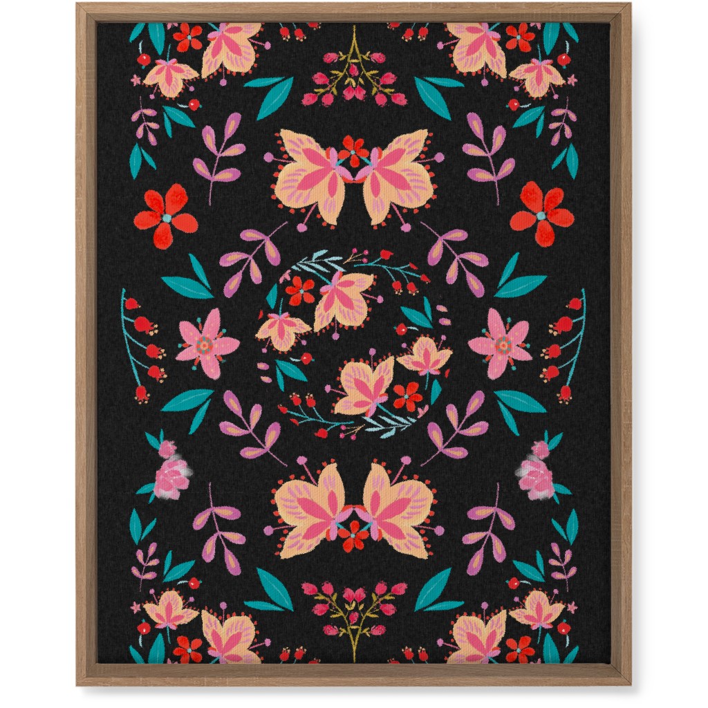Pink Flora Folk Art on Black Wall Art, Natural, Single piece, Canvas, 16x20, Multicolor