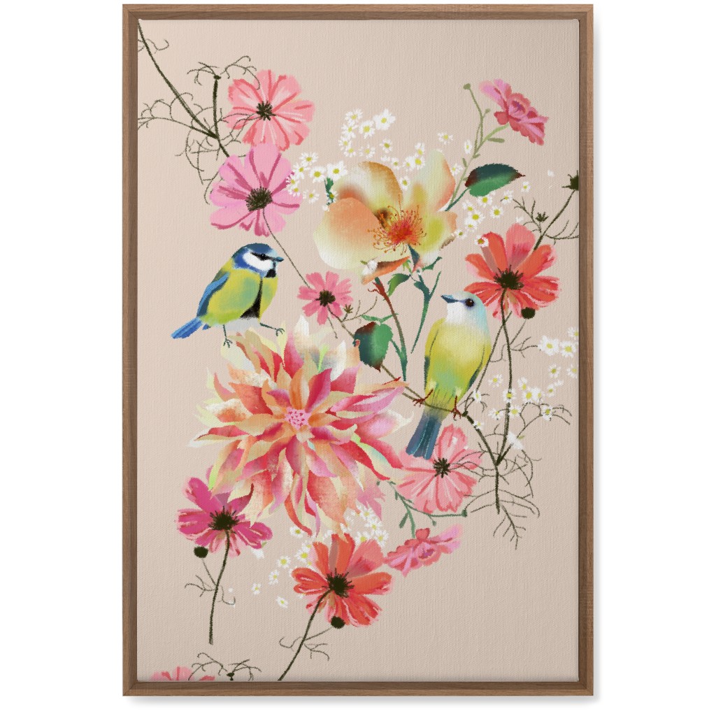 Birds With Dahlias and Cosmea Wall Art, Natural, Single piece, Canvas, 20x30, Pink