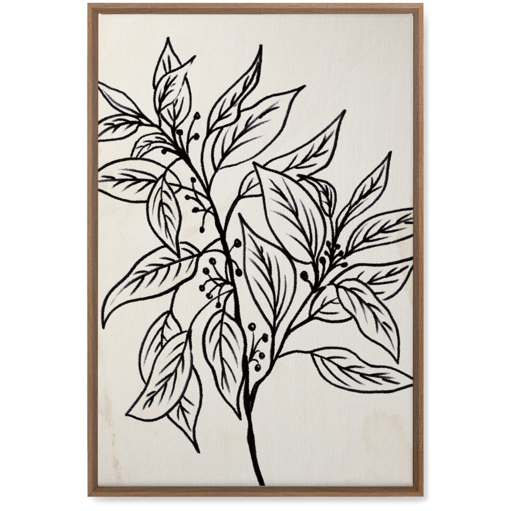 Vintage Branch With Leaves Sketch - Beige and Black Wall Art, Natural, Single piece, Canvas, 20x30, Beige, Pearl