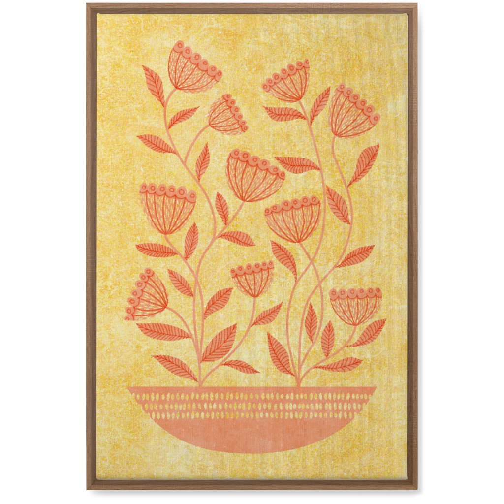 Mid Century Modern Orange Floral on Yellow Wall Art, Natural, Single piece, Canvas, 20x30, Orange