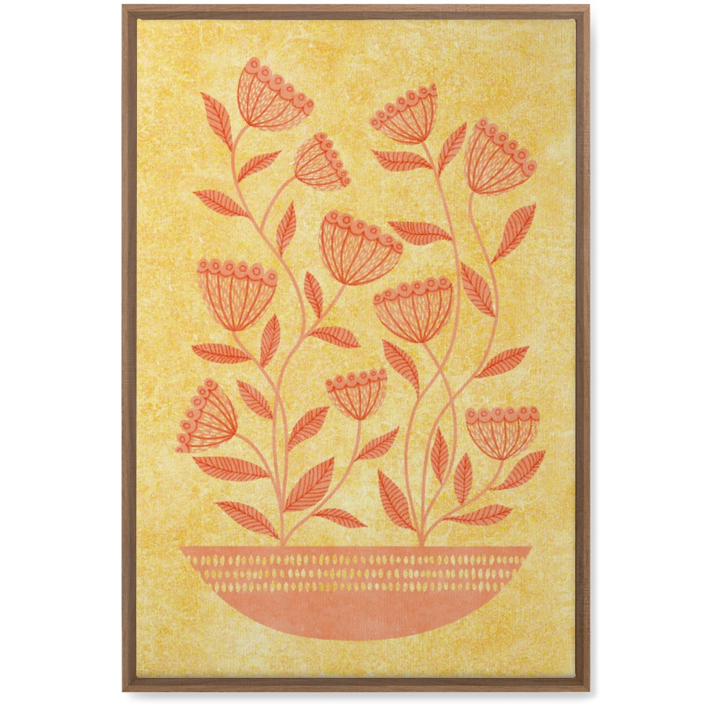 Mid Century Modern Orange Floral on Yellow Wall Art, Natural, Single piece, Canvas, 20x30, Orange, Orange