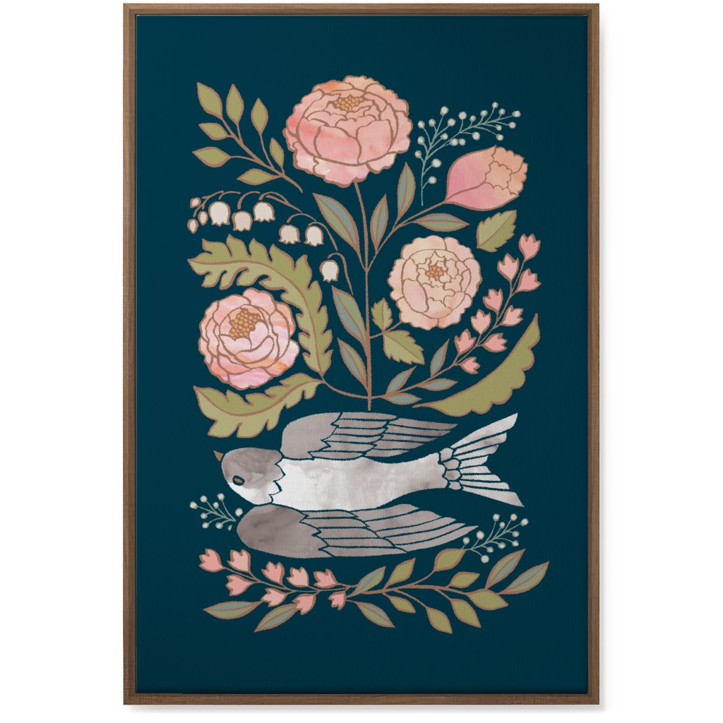 Bloom - Dove & Pink Peonies on Blue Wall Art, Natural, Single piece, Canvas, 24x36, Multicolor