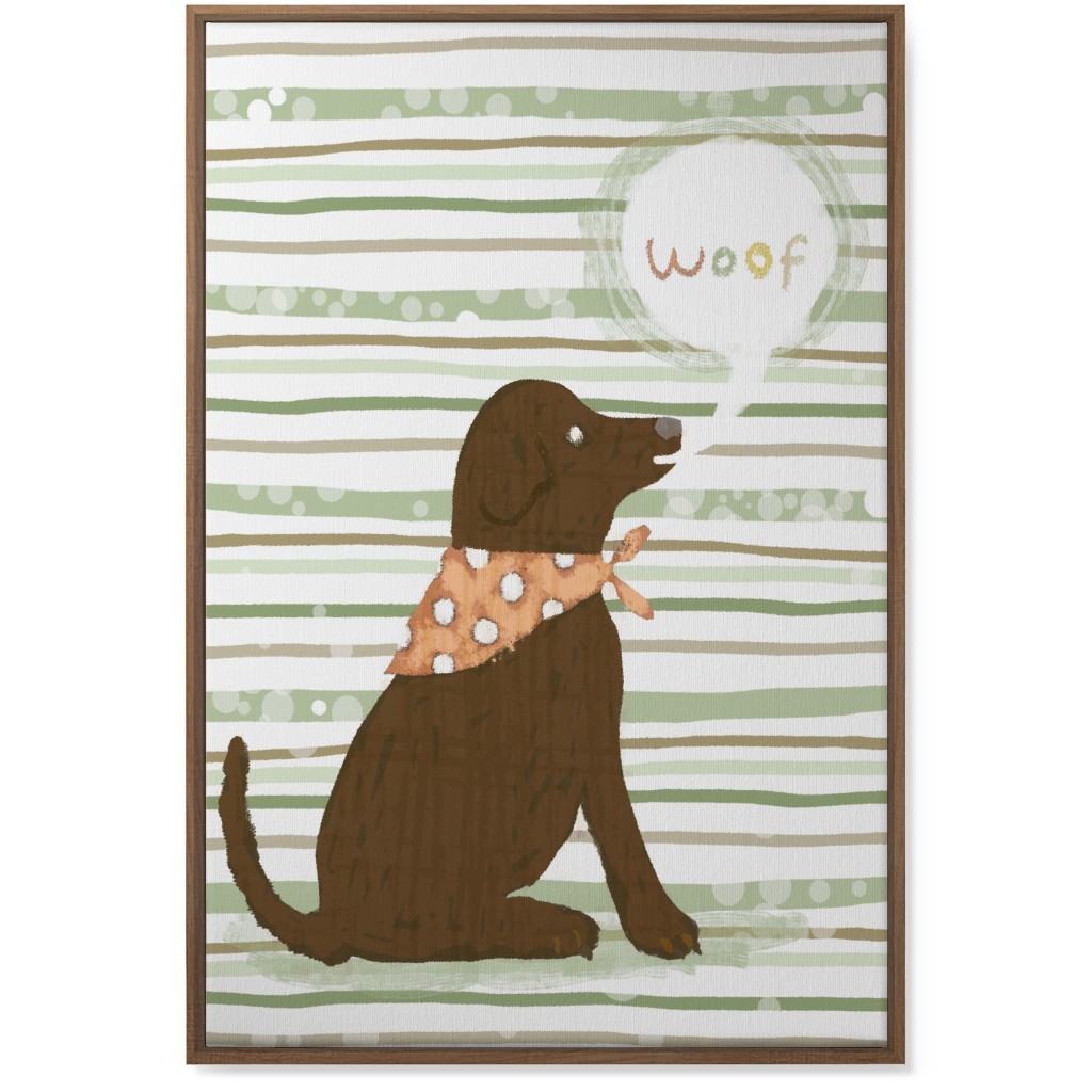 Woof, Dog - Brown and Green Wall Art, Natural, Single piece, Canvas, 24x36, Green