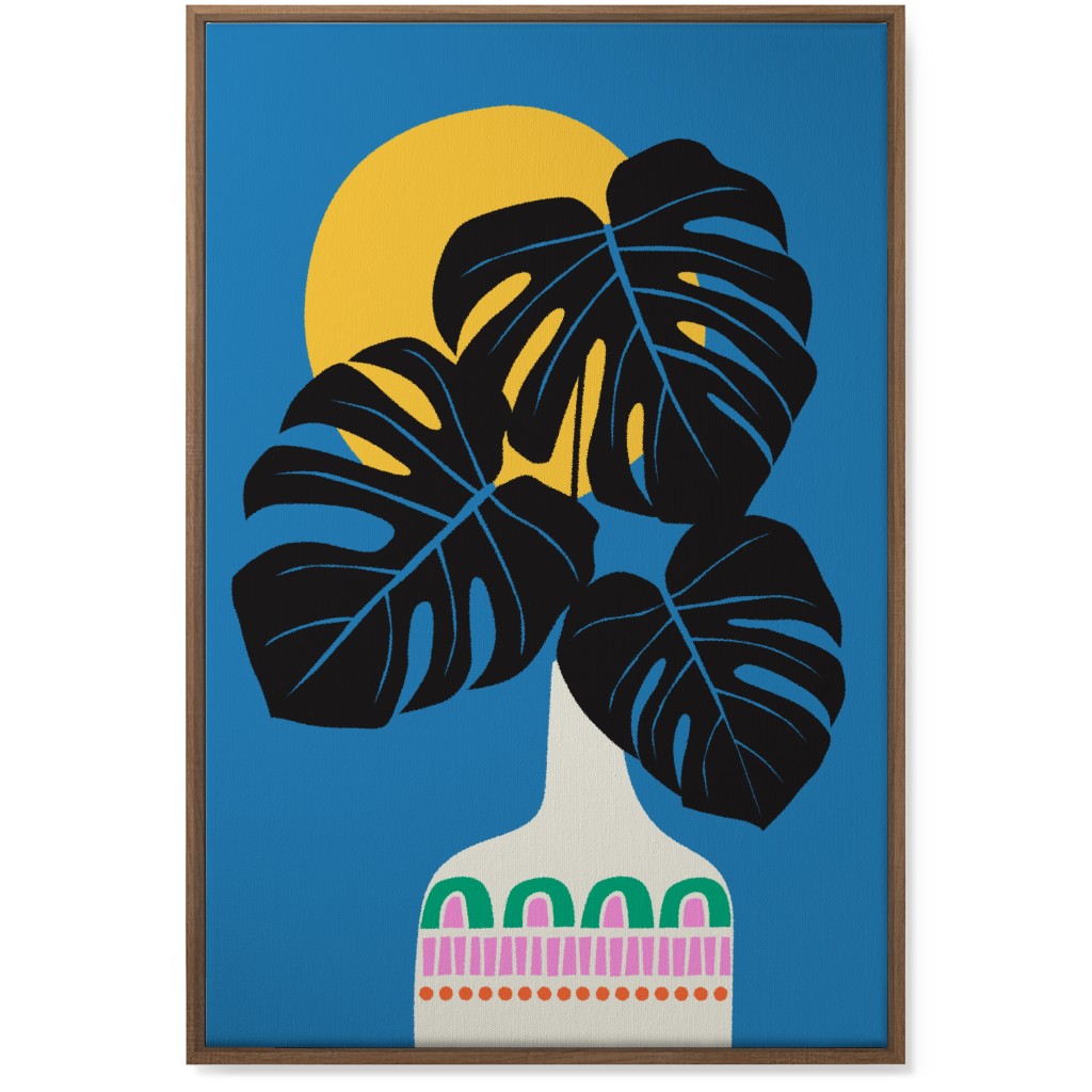 Monstera Leaves in a Vase - Blue Wall Art, Natural, Single piece, Canvas, 24x36, Blue, True Blue