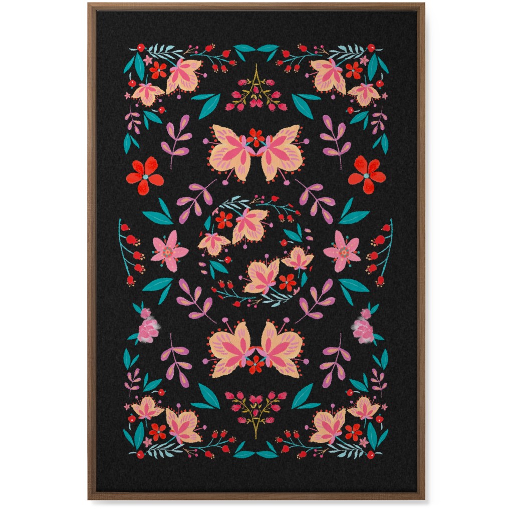 Pink Flora Folk Art on Black Wall Art, Natural, Single piece, Canvas, 24x36, Multicolor