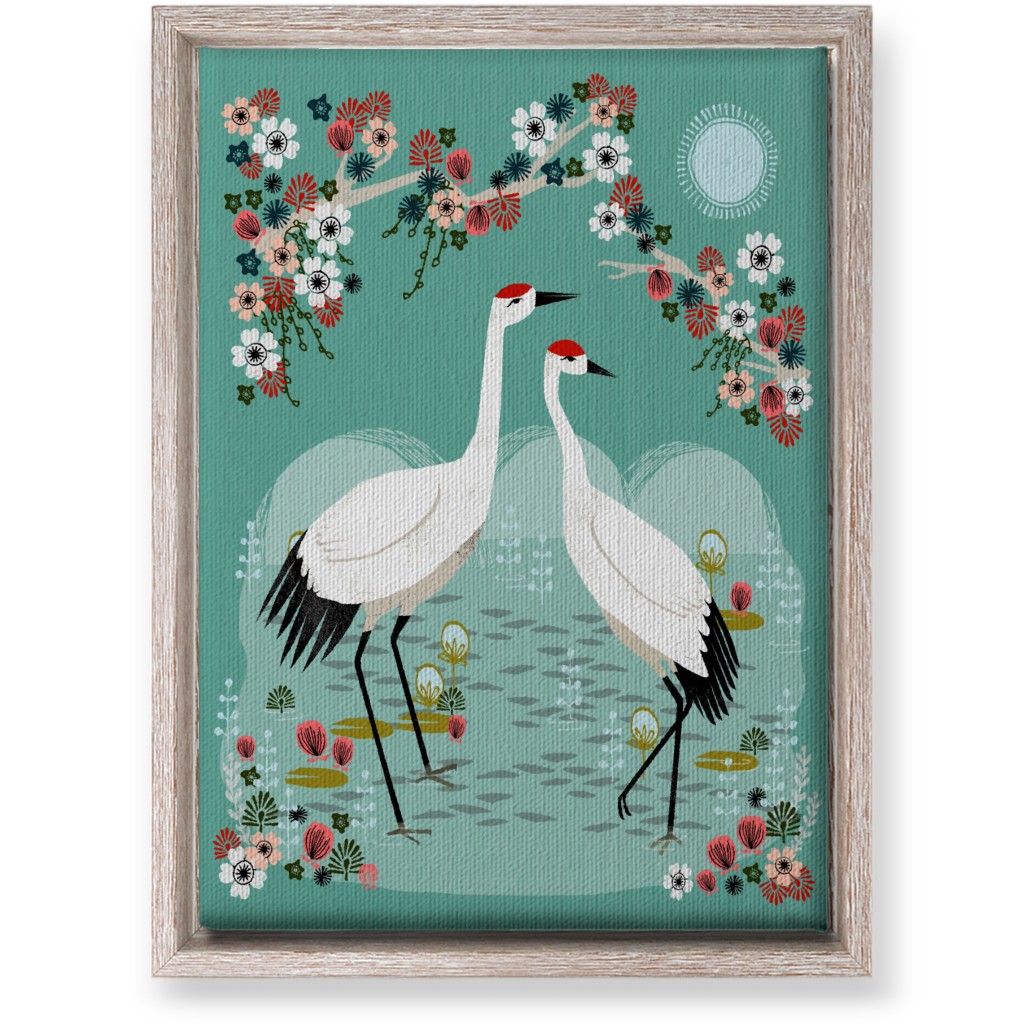 Two Cranes - Teal Wall Art, Rustic, Single piece, Canvas, 10x14, Multicolor