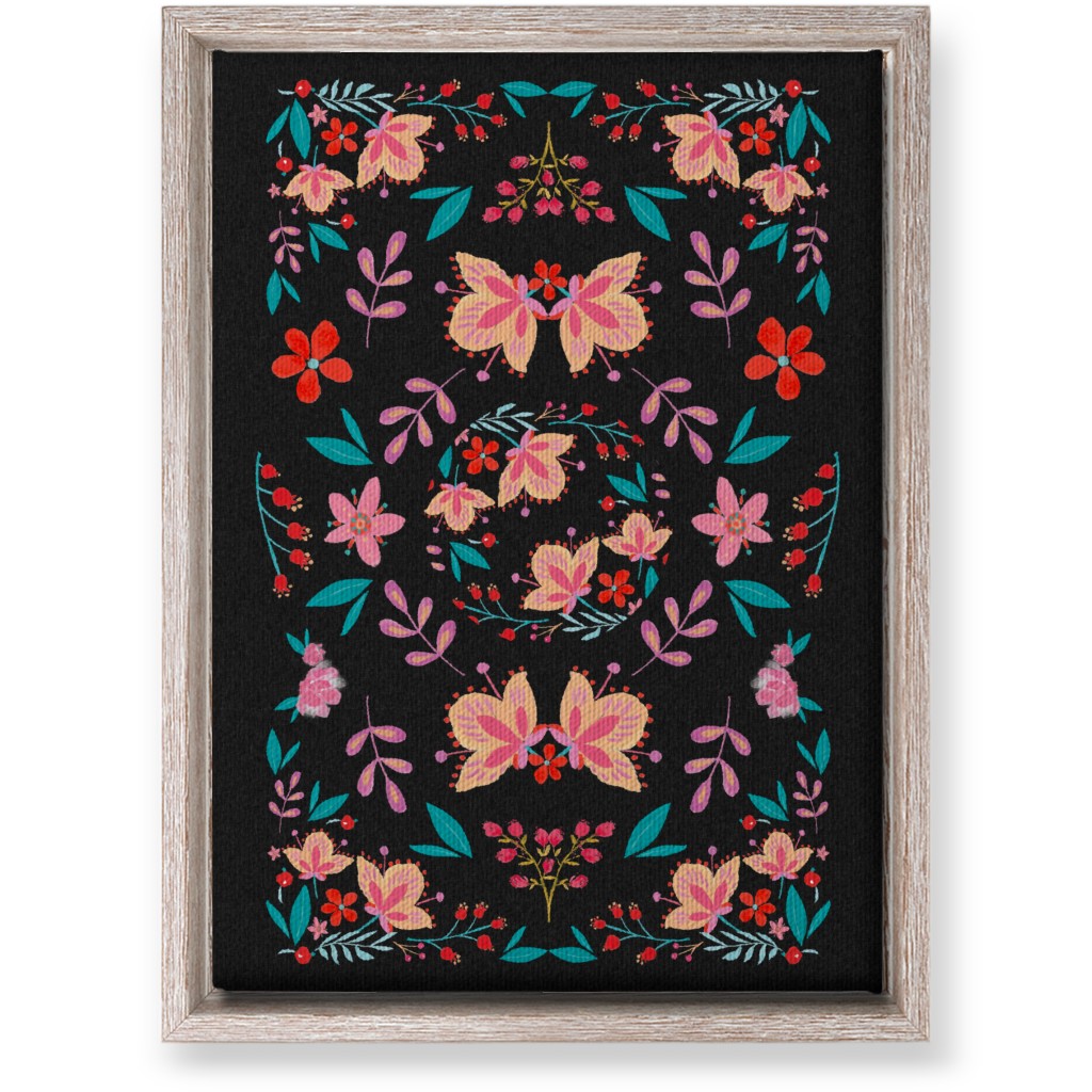 Pink Flora Folk Art on Black Wall Art, Rustic, Single piece, Canvas, 10x14, Multicolor