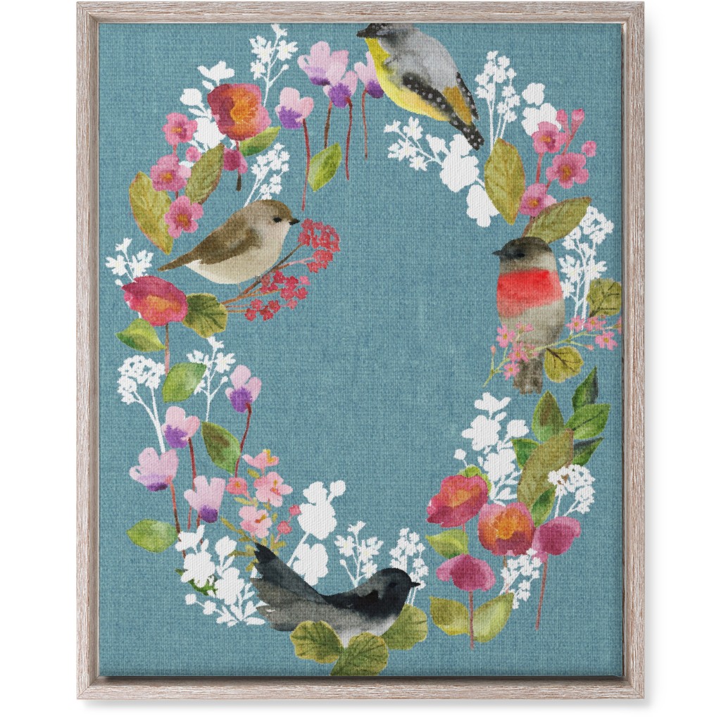 Winter Birds in the Garden Wreath - Blue Wall Art, Rustic, Single piece, Canvas, 16x20, Blue