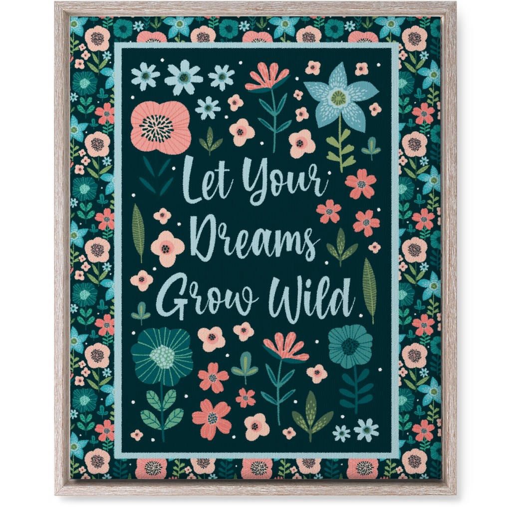 Let Your Dreams Grow Wild - Florals in Coral, Aqua & Turquoise on Navy Wall Art, Rustic, Single piece, Canvas, 16x20, Blue, True Blue