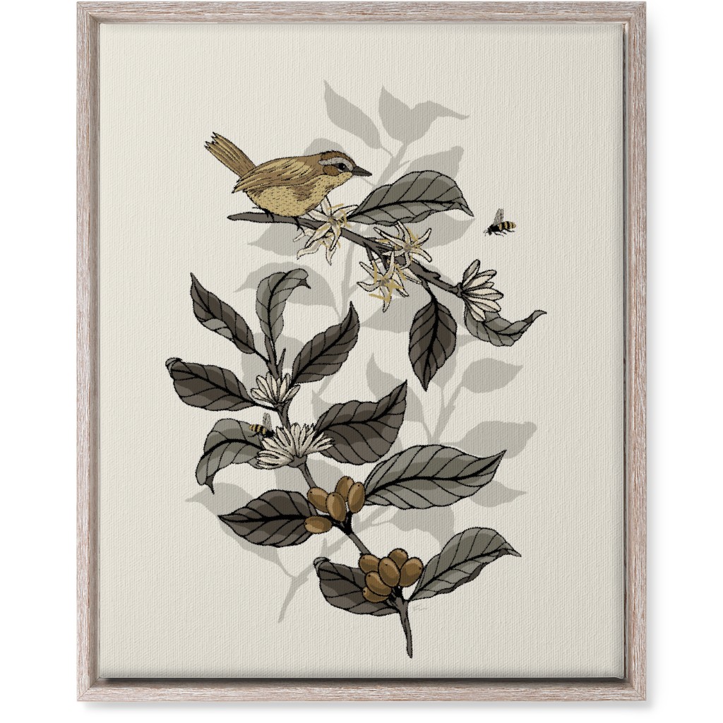 Bee, Bird and Coffee Plant - Neutral Wall Art, Rustic, Single piece, Canvas, 16x20, Beige
