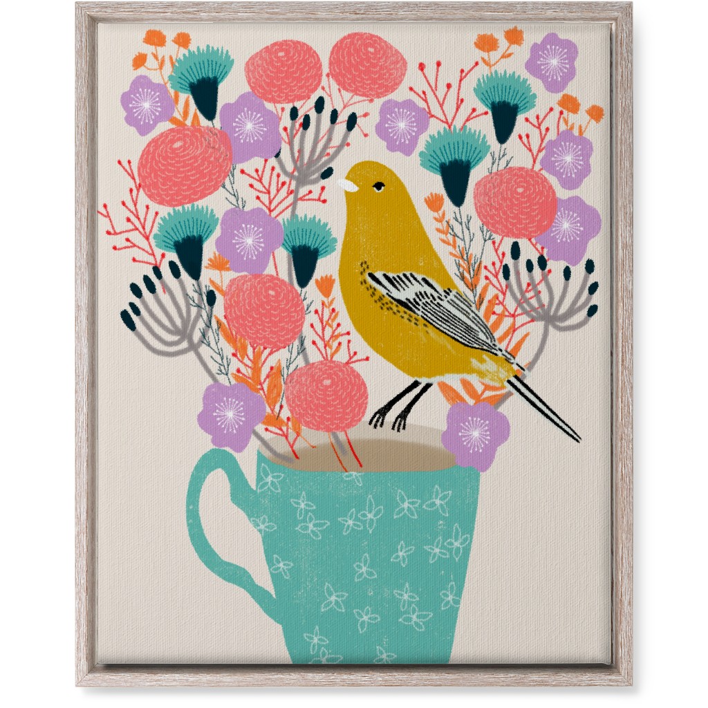 Yellow Bird on Teacup Bouquet Wall Art, Rustic, Single piece, Canvas, 16x20, Multicolor