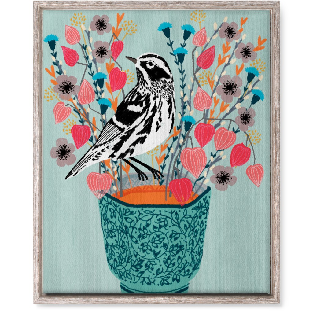 Warbler Bird - Black & White on Blue Flower Pot Wall Art, Rustic, Single piece, Canvas, 16x20, Multicolor