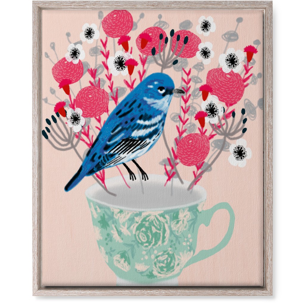 Blue Bird on Teacup Bouquet Wall Art, Rustic, Single piece, Canvas, 16x20, Multicolor