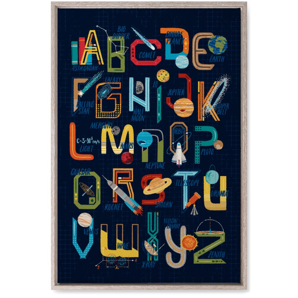 Outer Space Alphabet - Rocket, Planets, Science, Astronomy & Stem Wall Art, Rustic, Single piece, Canvas, 20x30, Multicolor