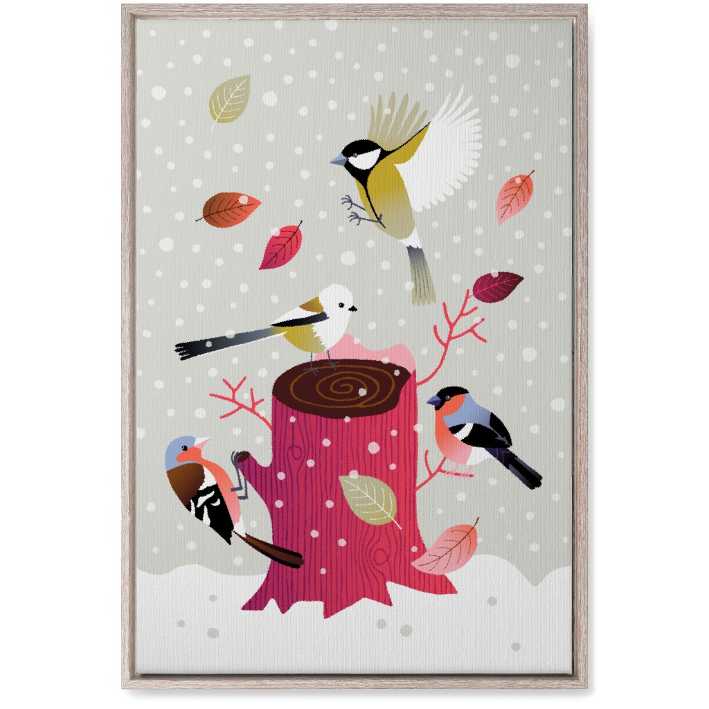 Winter Birds on Tree Stump - Red & Gray Wall Art, Rustic, Single piece, Canvas, 20x30, Multicolor