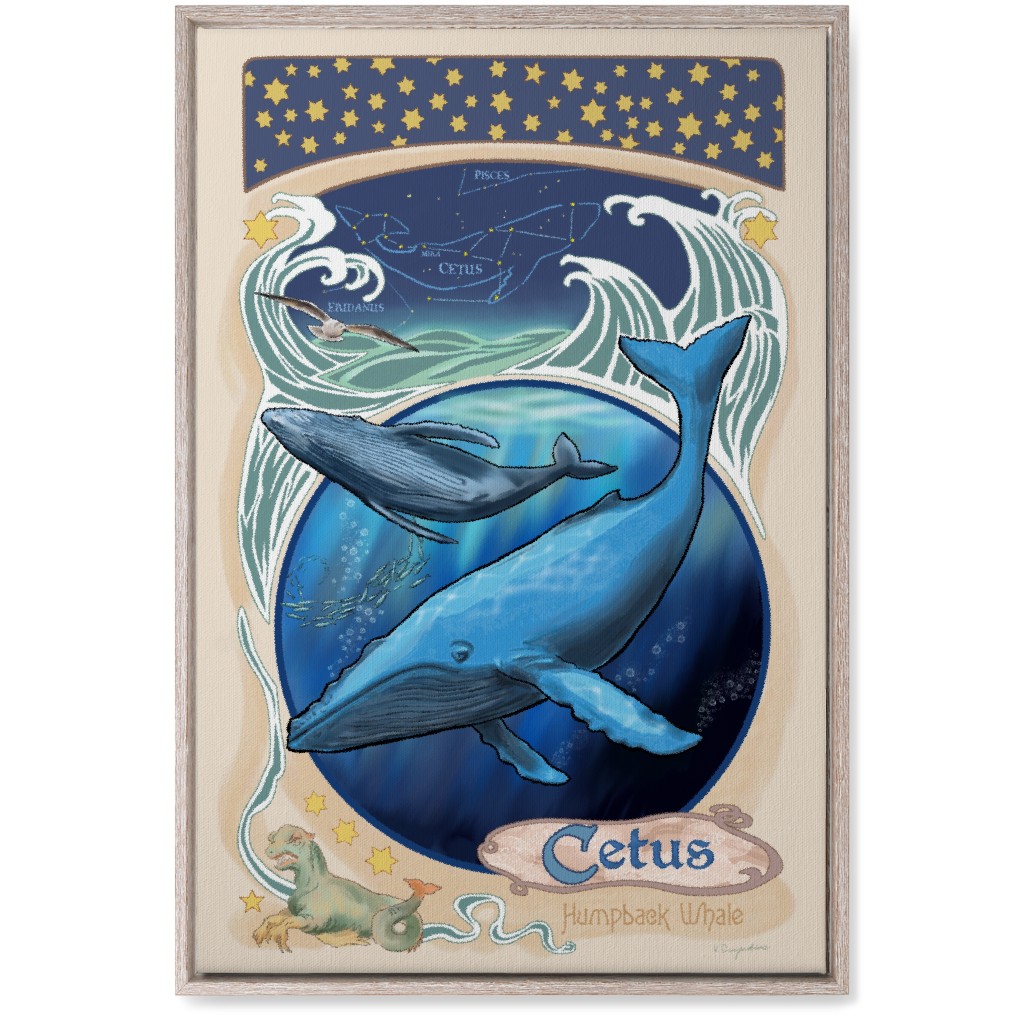 Art Nouveau Cetus the Humpback Whale Wall Art, Rustic, Single piece, Canvas, 20x30, Blue, True Blue