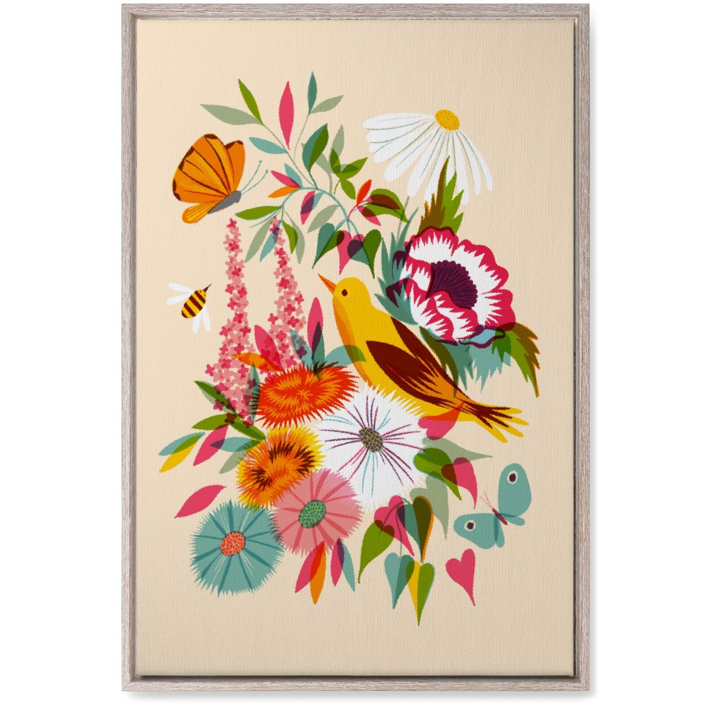 Florals With Pirol and Butterfly - Multi Wall Art, Rustic, Single piece, Canvas, 20x30, Multicolor