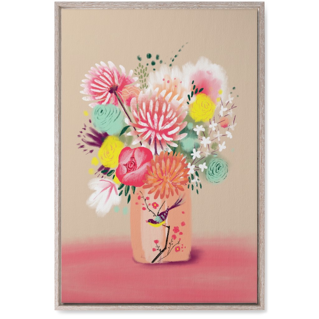 Bouquet in a Bird Vase Wall Art, Rustic, Single piece, Canvas, 20x30, Pink