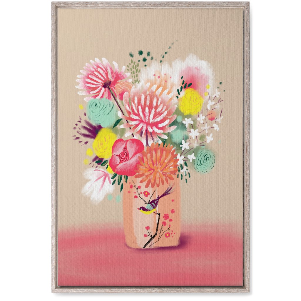 Bouquet in a Bird Vase Wall Art, Rustic, Single piece, Canvas, 20x30, Pink, Bright Pink