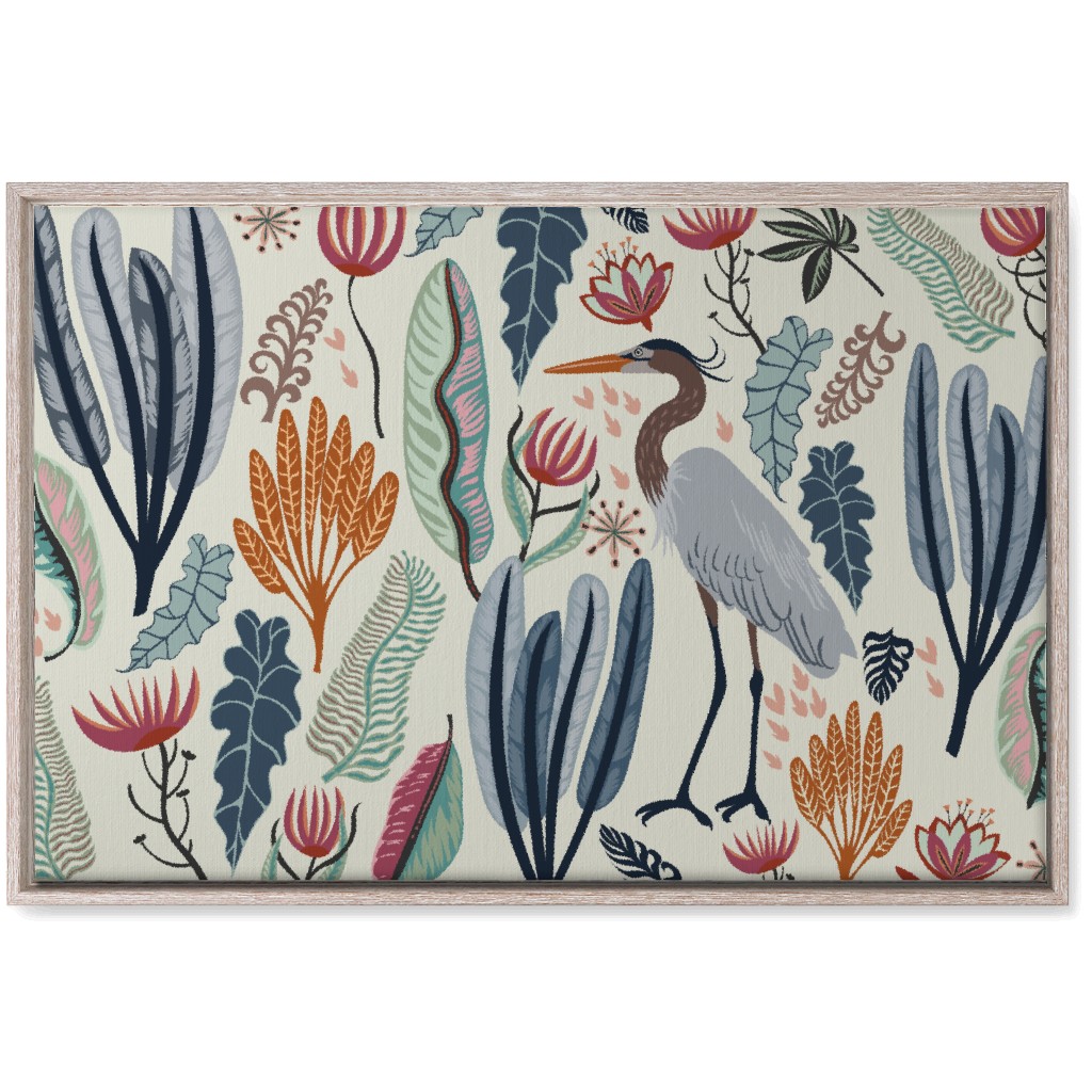 Heron and Plants - Multi on Cream Wall Art, Rustic, Single piece, Canvas, 20x30, Multicolor