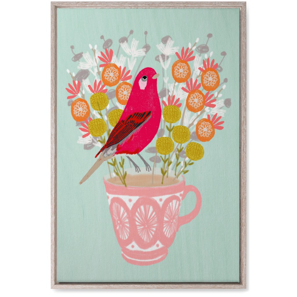Red Bird on Teacup Bouquet Wall Art, Rustic, Single piece, Canvas, 20x30, Multicolor