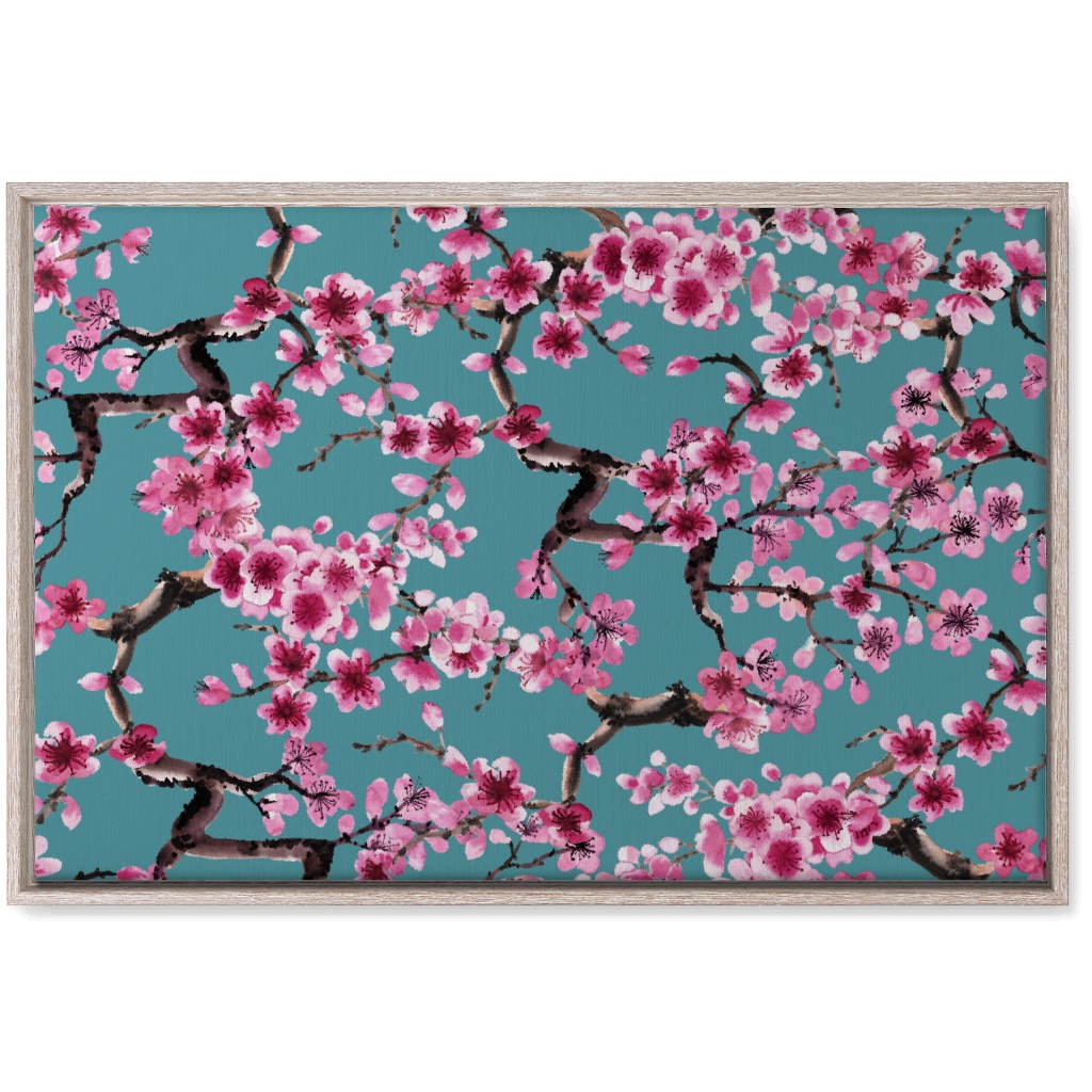 Sakura - Pink on Turquoise Wall Art, Rustic, Single piece, Canvas, 20x30, Blue, True Blue