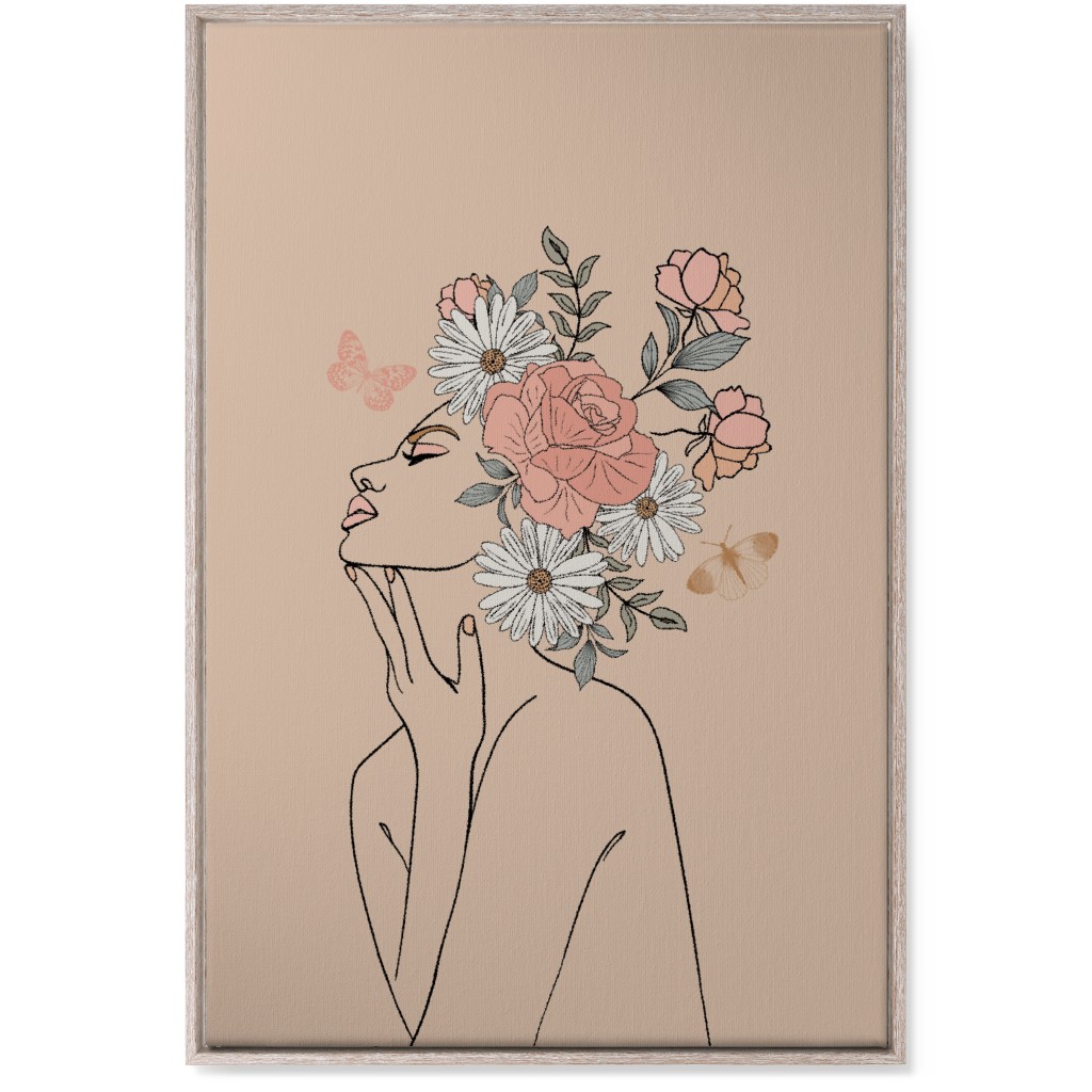 Feminine Line Art Botanical Sketch - Neutral Wall Art, Rustic, Single piece, Canvas, 24x36, Beige, Pearl
