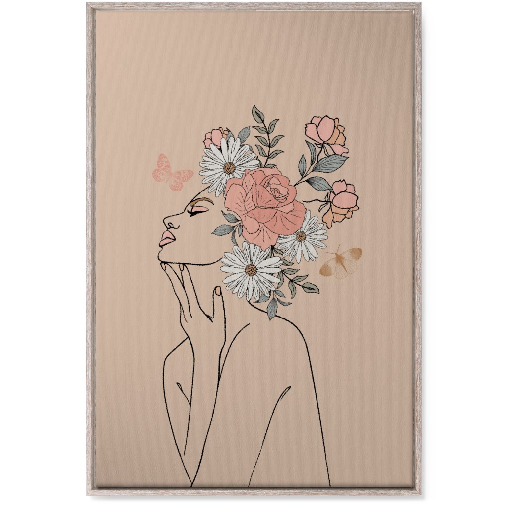 Feminine Line Art Botanical Sketch - Neutral Wall Art, Rustic, Single piece, Canvas, 24x36, Beige