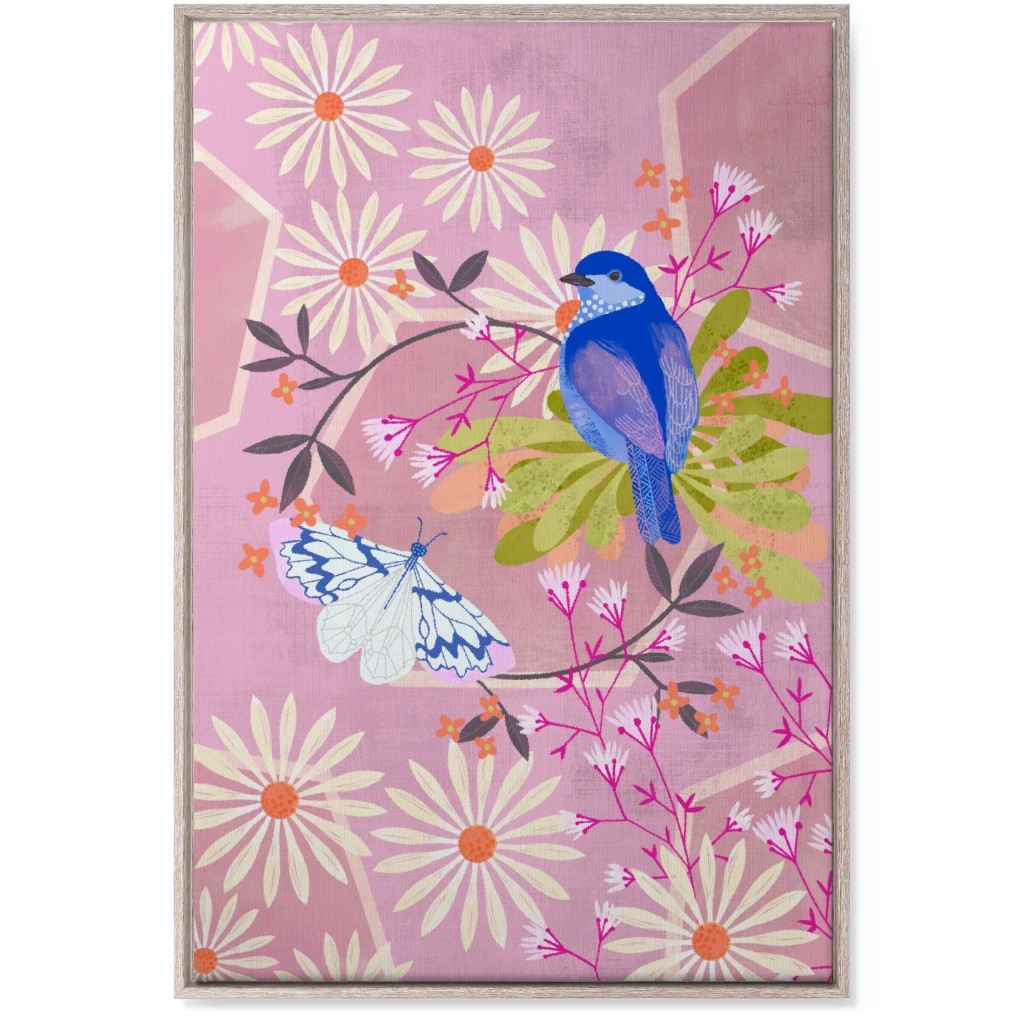Birds and Butterfly - Pink Wall Art, Rustic, Single piece, Canvas, 24x36, Pink