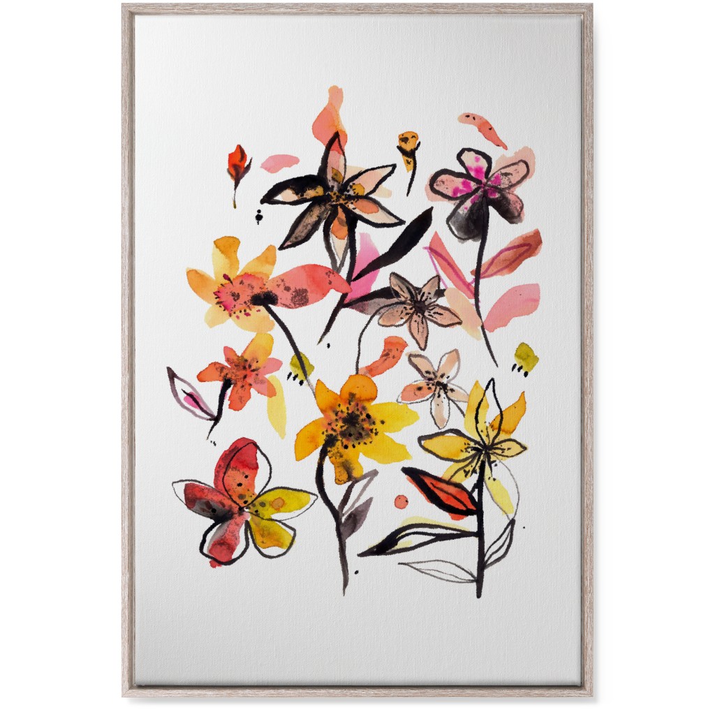 Ink Summer Floral - Pink and Yellow Wall Art, Rustic, Single piece, Canvas, 24x36, Pink