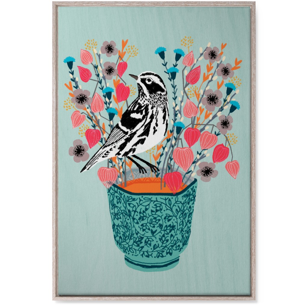 Warbler Bird - Black & White on Blue Flower Pot Wall Art, Rustic, Single piece, Canvas, 24x36, Multicolor