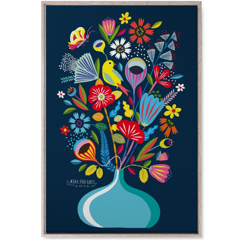Folk Art Bouquet - Multi on Navy Wall Art, Rustic, Single piece, Canvas, 24x36, Multicolor