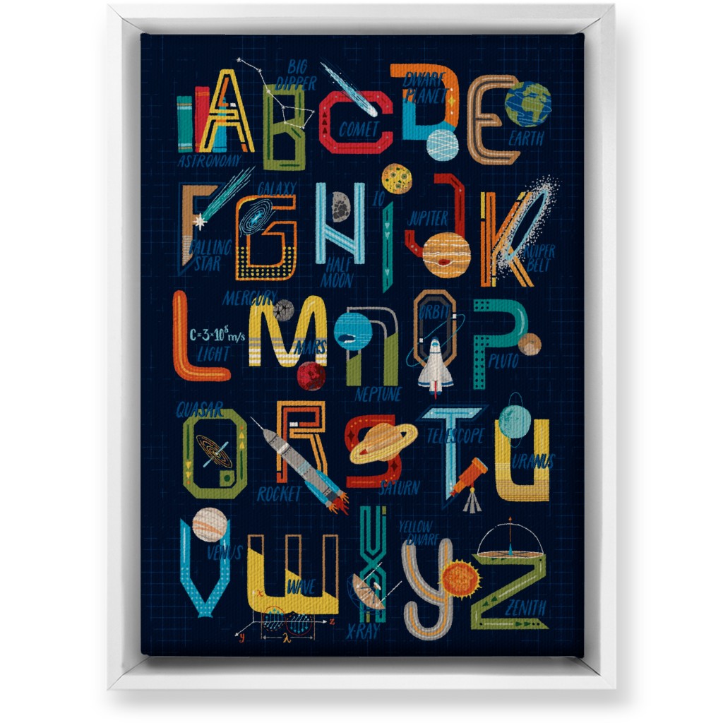 Outer Space Alphabet - Rocket, Planets, Science, Astronomy & Stem Wall Art, White, Single piece, Canvas, 10x14, Multicolor