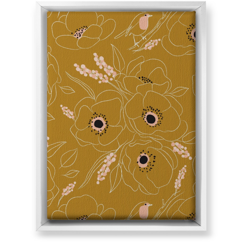 Freehand Robin & Winter Blooms - Gold Wall Art, White, Single piece, Canvas, 10x14, Yellow