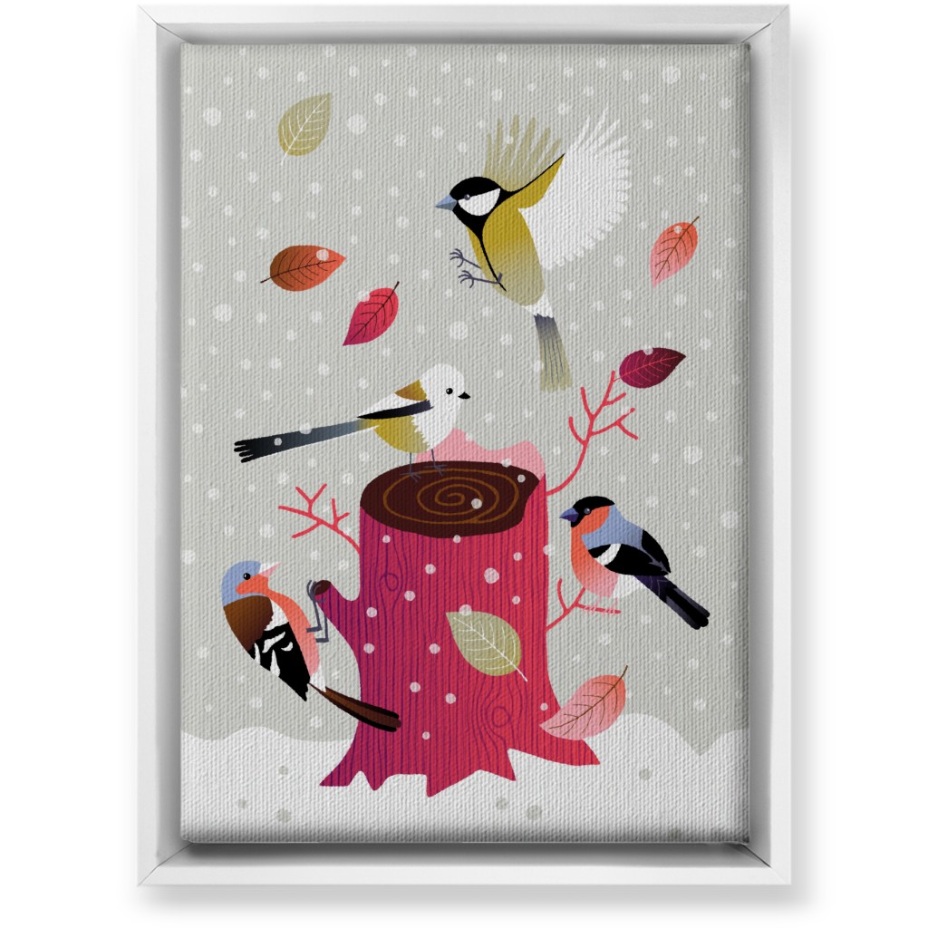 Winter Birds on Tree Stump - Red & Gray Wall Art, White, Single piece, Canvas, 10x14, Multicolor