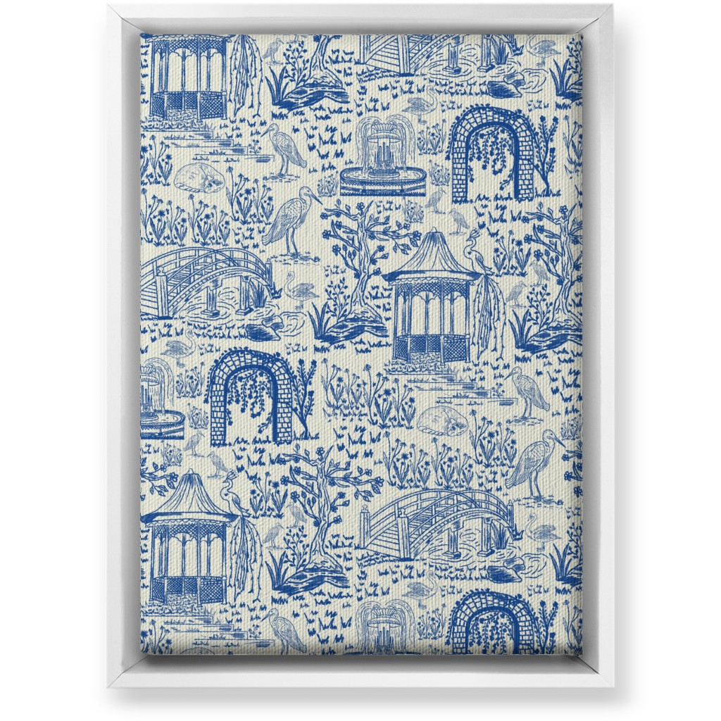 Garden Walk Toile De Jouy - Blue Wall Art, White, Single piece, Canvas, 10x14, Blue