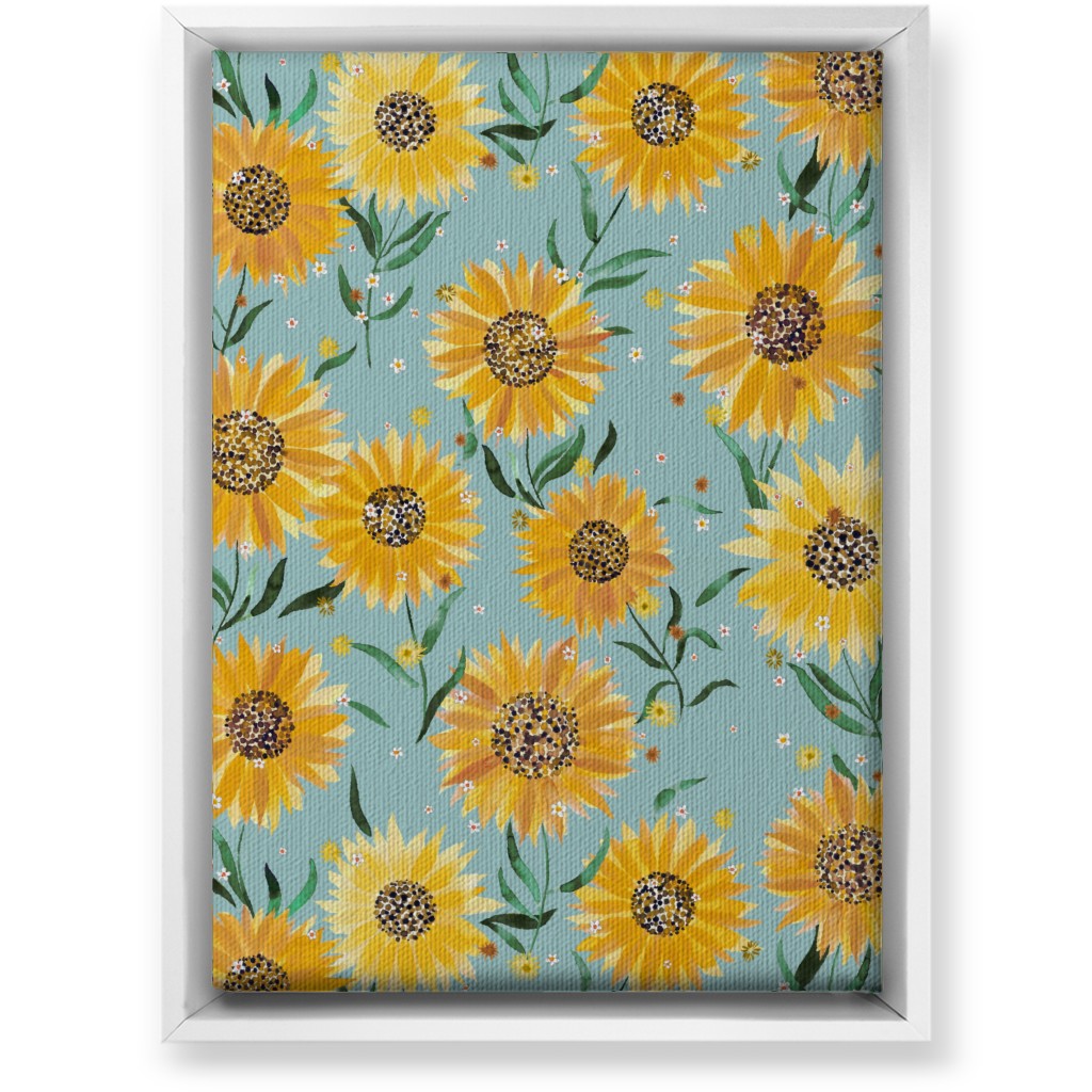 Happy Sunflowers - Yellow on Green Wall Art, White, Single piece, Canvas, 10x14, Yellow