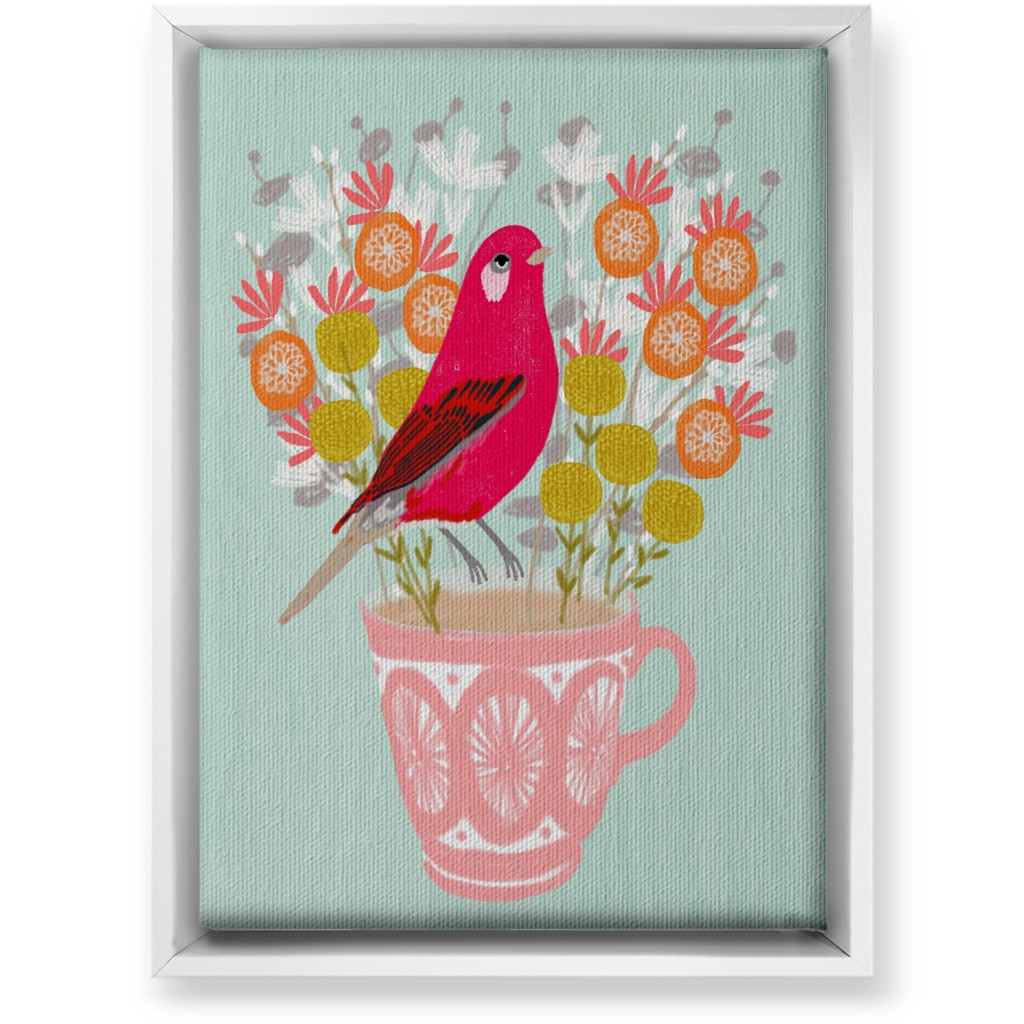 Red Bird on Teacup Bouquet Wall Art, White, Single piece, Canvas, 10x14, Multicolor