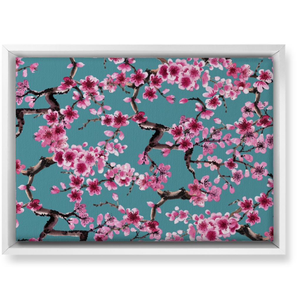 Sakura - Pink on Turquoise Wall Art, White, Single piece, Canvas, 10x14, Blue