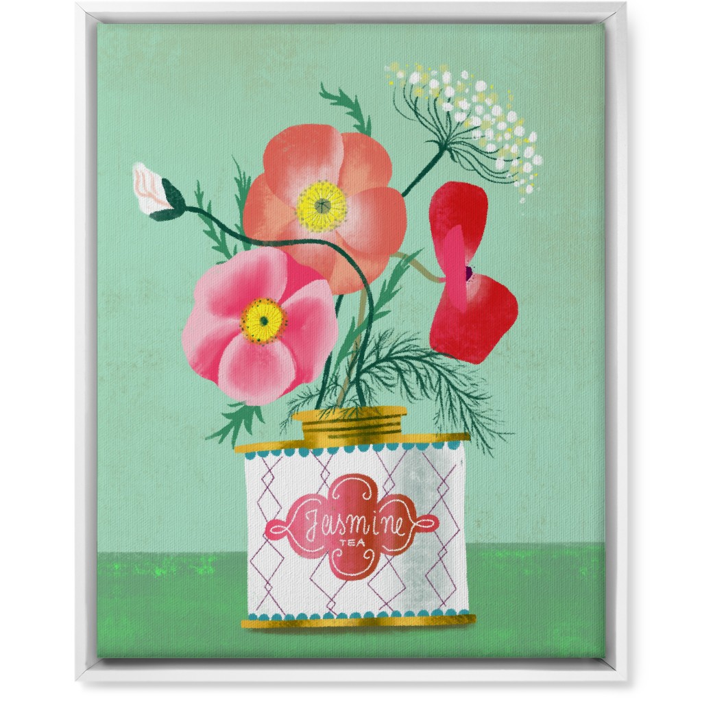 Poppies in Jasmine Tea Tin Wall Art, White, Single piece, Canvas, 16x20, Green, Classic Green