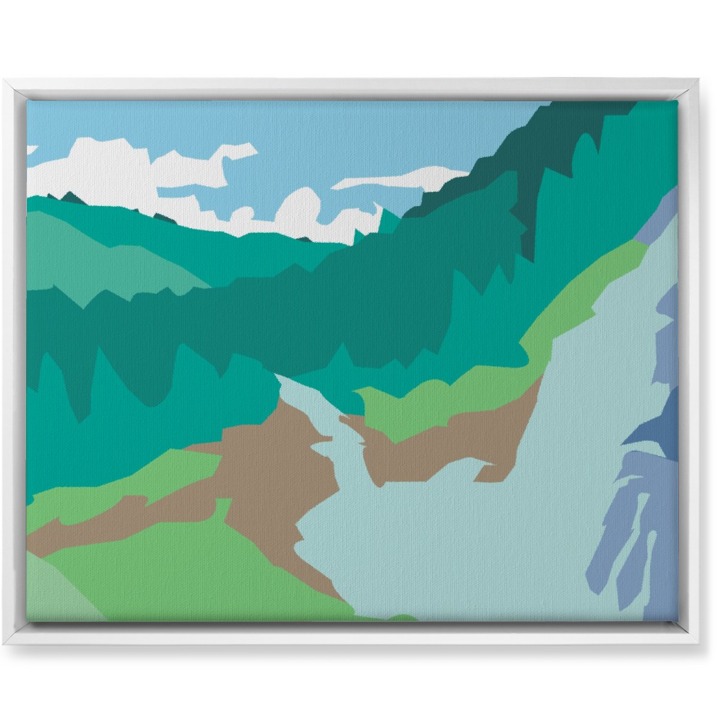 Minimalist Valley Forest Waterfall - Green and Blue Wall Art, White, Single piece, Canvas, 16x20, Green
