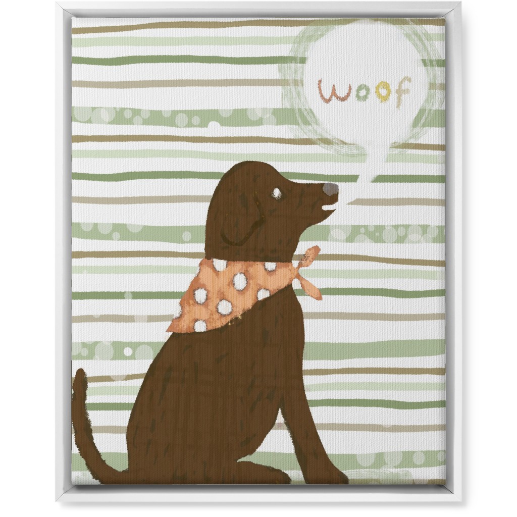 Woof, Dog - Brown and Green Wall Art, White, Single piece, Canvas, 16x20, Green
