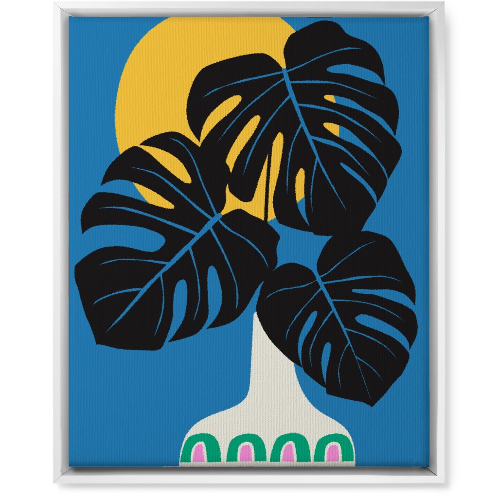 Monstera Leaves in a Vase - Blue Wall Art, White, Single piece, Canvas, 16x20, Blue, True Blue