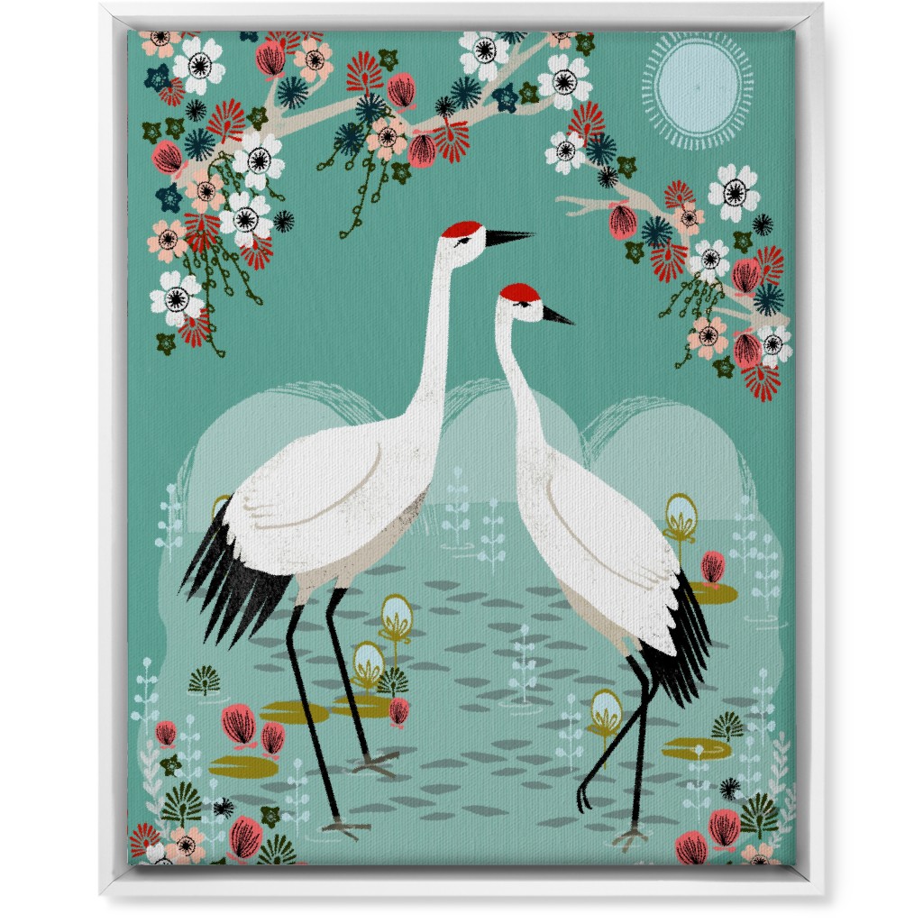 Two Cranes - Teal Wall Art, White, Single piece, Canvas, 16x20, Multicolor