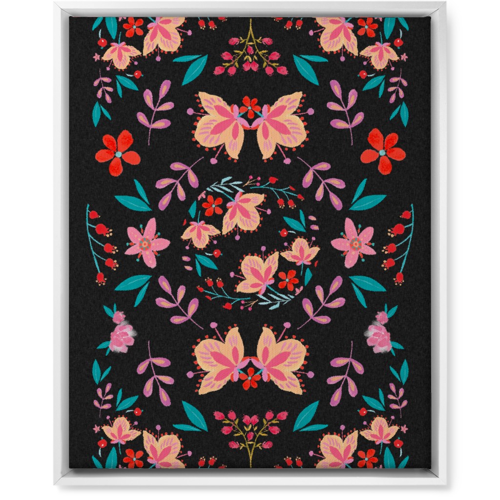 Pink Flora Folk Art on Black Wall Art, White, Single piece, Canvas, 16x20, Multicolor