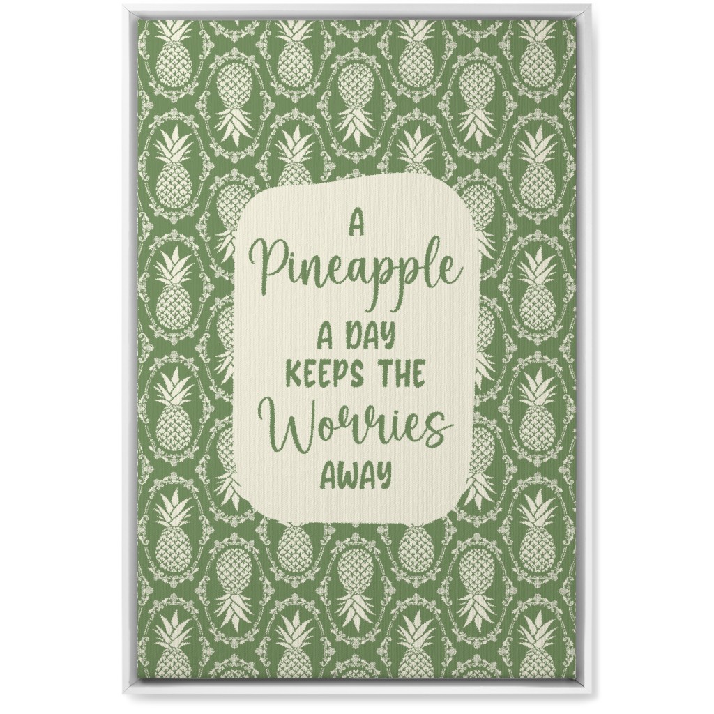 a Pineapple a Day Keeps the Worries Away Damask Wall Art, White, Single piece, Canvas, 20x30, Green