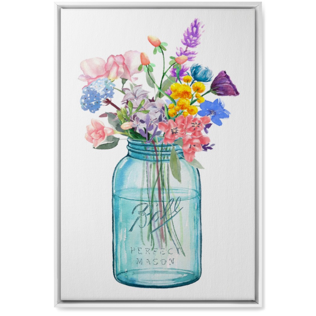 Watercolor Floral Mason Jar Bouquet Painting - Multi Wall Art, White, Single piece, Canvas, 20x30, Multicolor