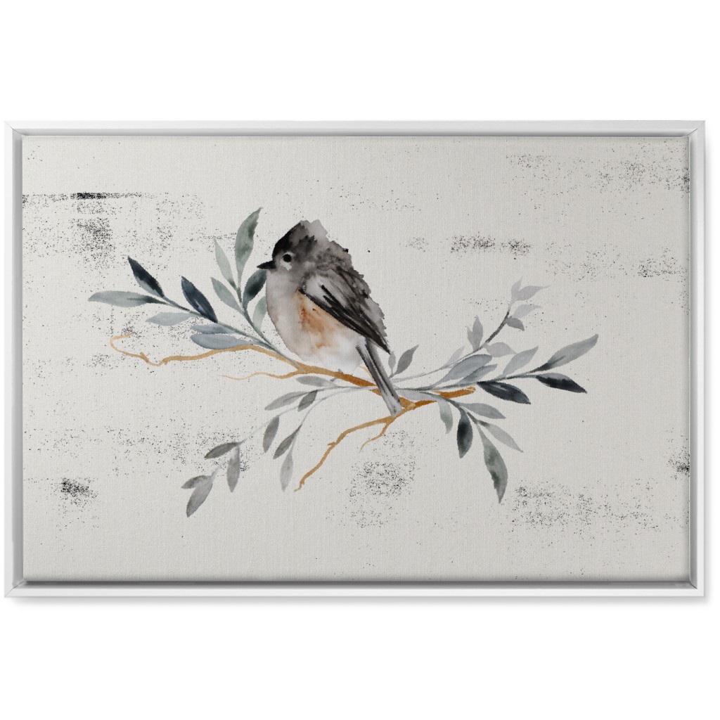 Winter Bird on Branch - Blue Wall Art, White, Single piece, Canvas, 20x30, Gray