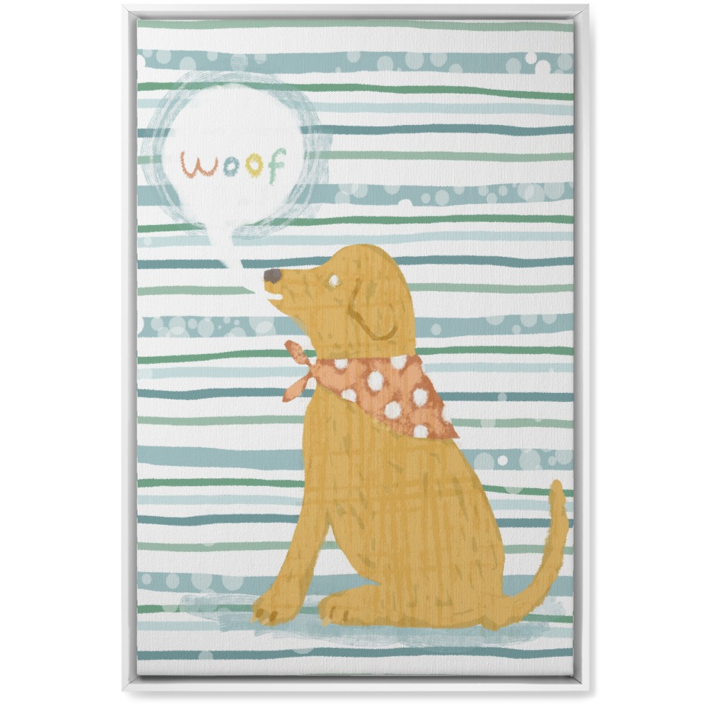 Woof, Dog - Yellow and Blue Wall Art, White, Single piece, Canvas, 20x30, Blue, True Blue